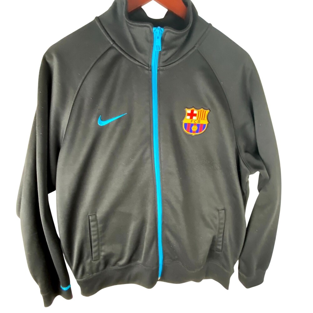 Nike Track Jacket Mens XL Black FC Barcelona Stretch Raglan Long Sleeve Full Zip